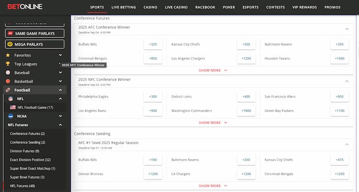 A view of BetOnline prop betting options, part of the top NFL sportsbooks.